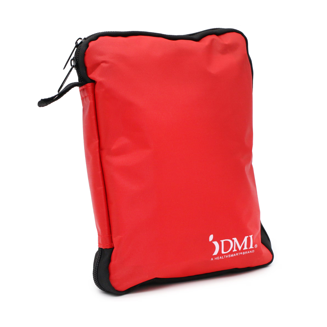 A red zippered pouch with black trim and the white DMI logo stands upright, labeled “A HealthSmart Brand”—perfect as the DMI 298-Piece Complete Emergency First Aid Kit.